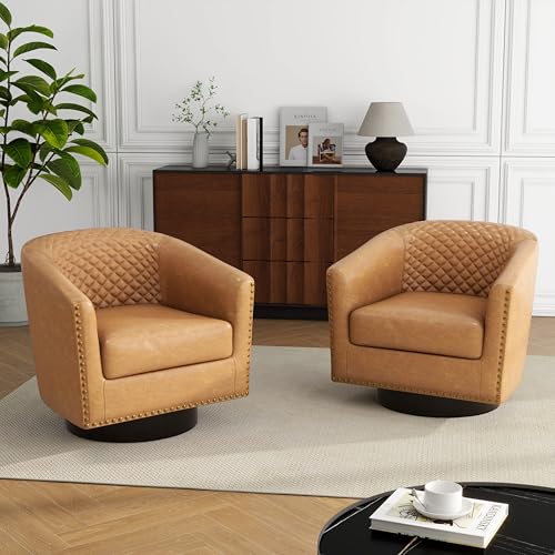 DREAMSIDEA Swivel Barrel Accent Chair, Comfy Modern Upholstered Round Faux Leather Arm Chair for Living Room, Bedroom(Coffee, Set of 2