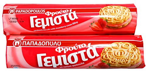 Papadopoulos Greek Sandwich Cookies with Strawberry Filling 2 Pack Made in Greece, Packed by Cape Moda with minimum 2 layers of bubble wrap for safe delivery.