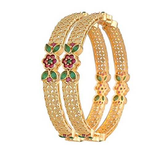 Image of I Jewels 18K Gold Plated Traditional Brass Bangles Encased With CZ American Diamonds For Women /Girls (ADB310MG) (Set of 2)