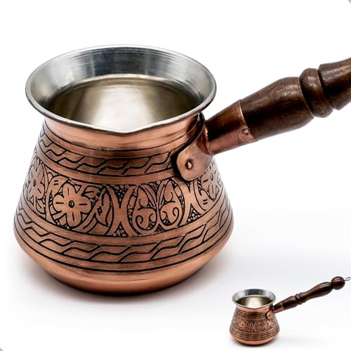 Jarra moca hecha a mano de 450 ml de cobre de 2 mm de grosor grabada - Cafetera turca - Cezve - Ibrik - Briki - para 5 personas