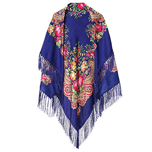 Traditional Ukrainian Scarf and wrap with Tassel Russia Pavlovo Posad Shawl for Women (Blue) - Thumbnail 2