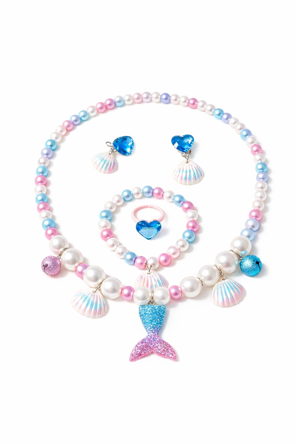 chicit jewellery full combo set mermaid with shells,heart,beads and bancing bells necklace,earring,ring,bracelete for kids girls age 3 to 15 birthday party gift set-image-12