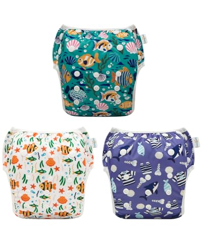 Image of Babygoal Swim Diapers 3 Pack for 8 Months-3 Years Infant and Toddler, Reusable Adjustable Washable for Baby Swimming Lessons-Fish & Shark
