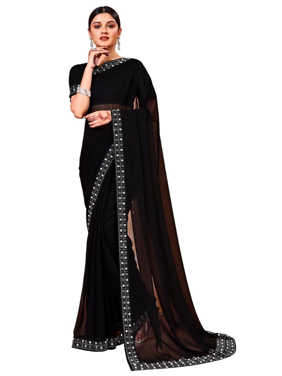 Women Embellished Bollywood Chiffon Saree Elegant Design For Weddings, Parties, And Festivities Women Embellished Bollywood Chiffon Saree Elegant Design For Weddings, Parties, And Festivities