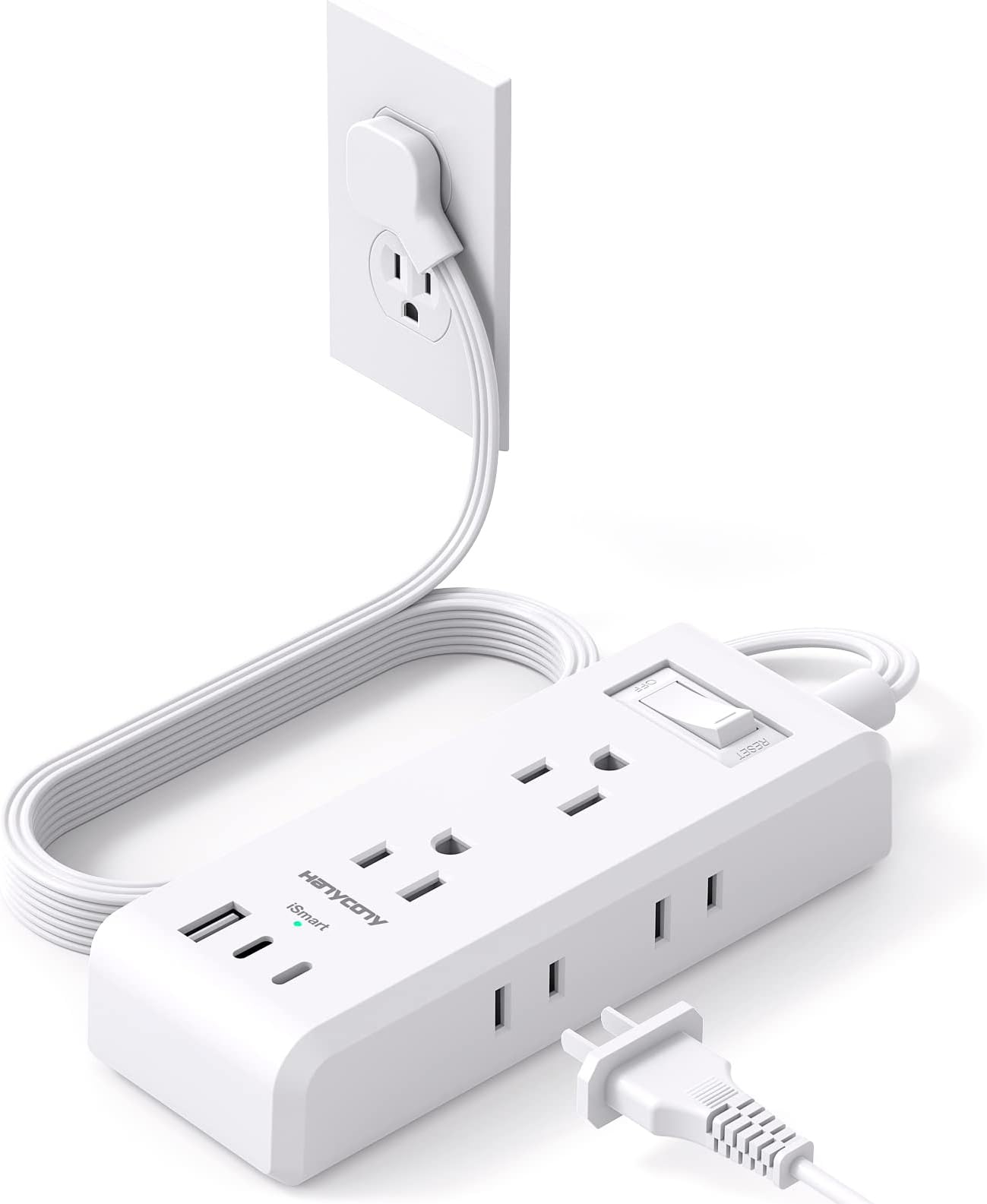 Flat Plug Power Strip, HANYCONY Ultra Thin Extension Cord, 6 Outlets 3 USB Ports(2 USB C), 5ft Multiple Outlet Extender with Wall Mount No Surge Protector for Dorm Room, Cruise, Travel Essentials