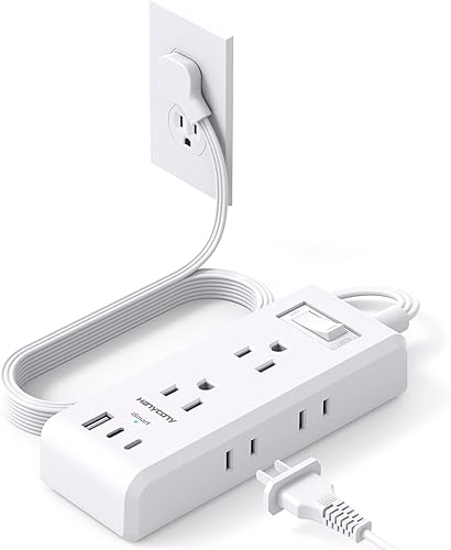 Tira de alimentación de enchufe plano, cable de extensión ultrafino, 6 tomas, 3 puertos USB (2 USB C), extensor de salida múltiple de 5 pies con
