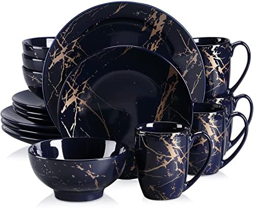 16 Piece Porcelain Dinner Set, Color Glaze with Gold Plate Marble Dish Set, LOVECASA, Crockery Set Kitchen Dinnerware Set with Dinner Plates, Dessert Plate, Bowls and Mugs, Service for 4, Dark Blue