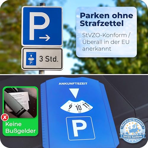 ROBBX® Parkscheibe mit Eiskratzer für Auto und Motorrad | Parkuhr inkl. Reifenprofilmesser und Einkaufswagenchip | Parkscheiben | Parking Disc