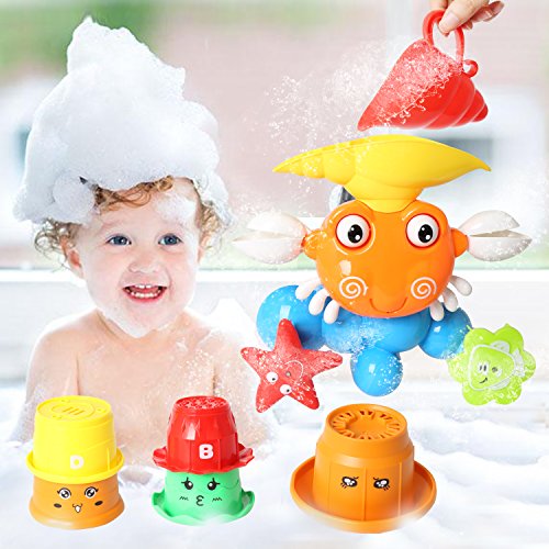 Baby Bath Toy, 7 Bathtub Toys, Interactive Multicolored Infant Pool Toy Whit Crab & Stack Pour Buckets, 3 Strong Suction Cups, Toddler Bath Toys Age 1-2, Crab Shower Water Toy For Kids Boys Grils #TOP1