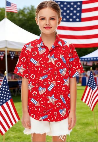 Image of 4th of July Shirts for Girls Boys American Patriotic Tshirt Kids Hawaiian Button Down Tops