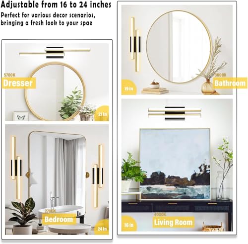 Image of Bathroom Light Fixtures Over Mirror: 24 Inch Modern Retractable LED Bathroom Vanity Light ETL Certified 5700K 25W Vanity Light Bar Dimmable - Wall Light Fixtures, Golden 1 Pack