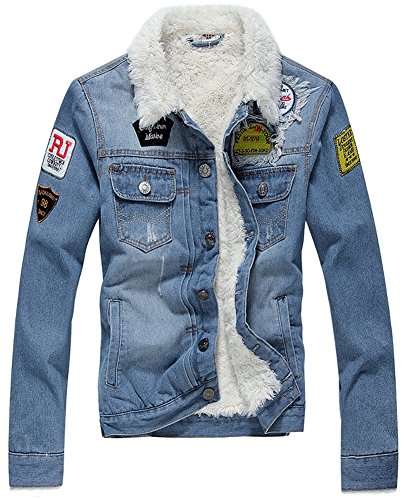 LifeHe Winter Fleece Lined Fur Collar Men Denim Jacket with Patches (M, Light Blue)