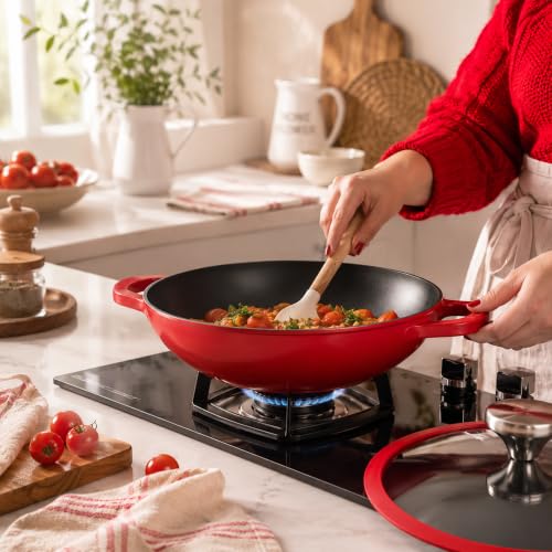 Image of Vinod Freya Cast Iron Deep Kadai with Glass Lid, 22 cm 1.9 L | TREON Technology Enamel Kadhai for Frying, Sabzi, & Cooking | No Seasoning Required | Induction & Gas Stove Compatible | 100% Non-Toxic