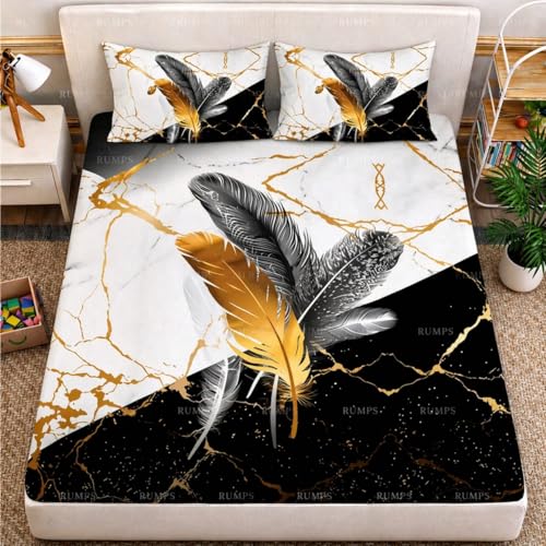 Image of RUMPS 7D Marble Feather Printed Flat Bedsheet King Size 90x100 Inch with 2 Pillow Covers 16x26 Inch | Luxury Microfiber Double Bedsheet | Modern Designer Bedsheet