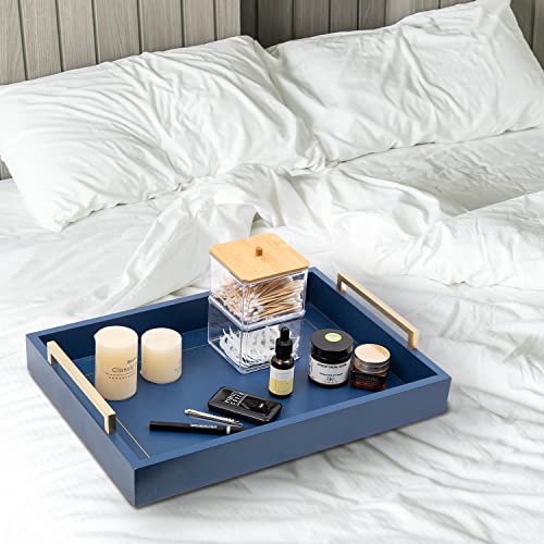 Decorative Coffee Table Ottoman Trays Modern Wood Elegant 16"X12" Rectangle Glossy Shagreen Serving Trays With Champagne Gold Handles -Drinks, Liquor Serving Platter For All Occasion's(Blue) #TOP3