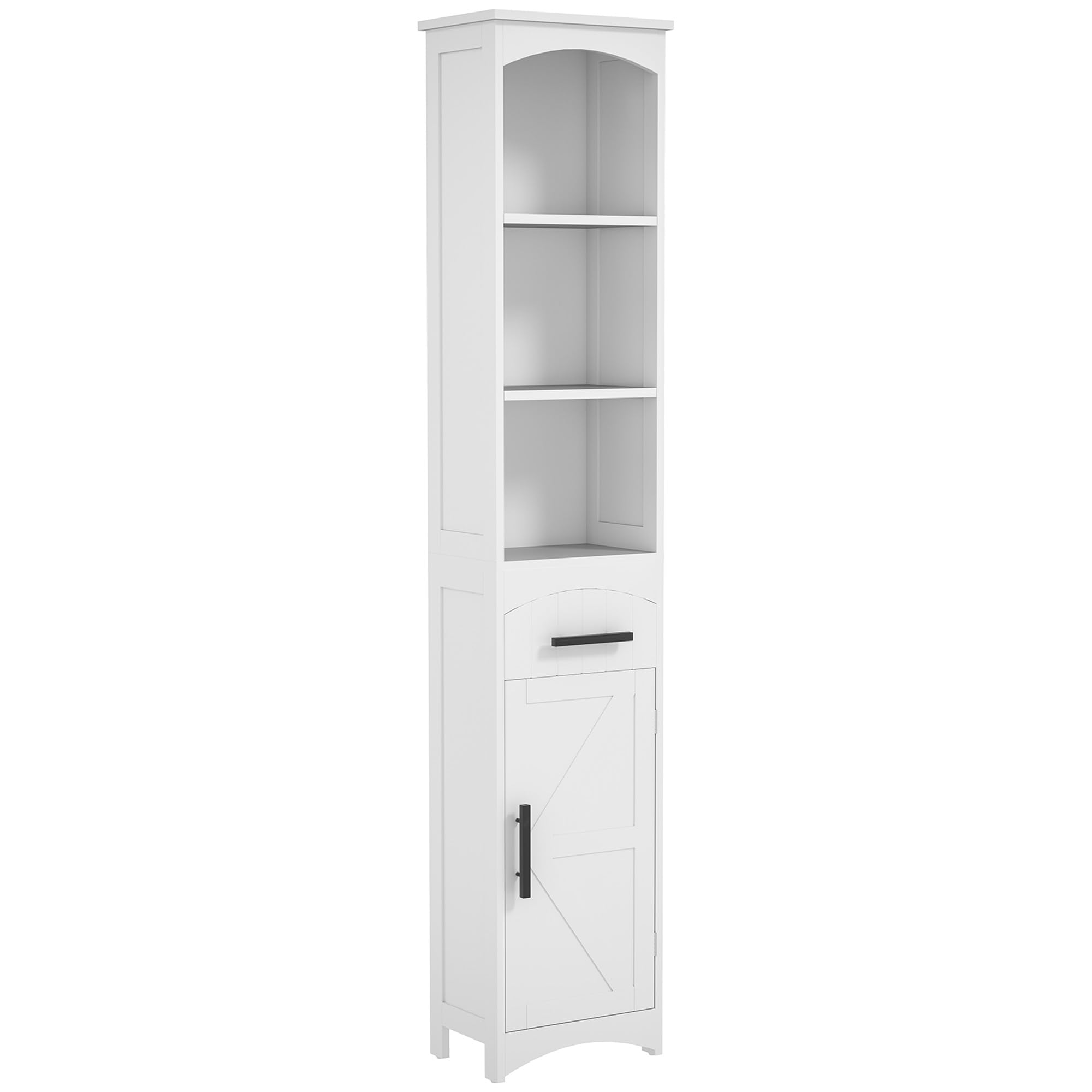 homcom tall bathroom storage cabinet, farmhouse narrow bathroom storage cabinet with recessed drawer and barn door, linen cabinet, white