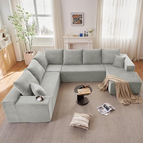 Image of Oversized Modular Sectional Sofa Couch, Large 6 Seater Corner Sofa Modern U Shaped Sectional Couch Cloud Couches for Living Room, Office, Spacious Space, Corduroy,No Assembly Required, Light Grey
