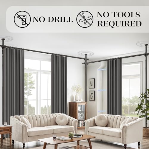 Image of Room Divider Curtain Set-No Drilling Curtain Rod Set, Curtains for Dividing Bedroom, Curtain Room Divider for Privacy Grey-100 W x 84 inch L(Pack of 2)