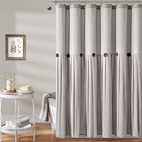 Image of Lush Decor Linen Button Shower Curtain, 72 inch W x 72 inch L, Gray - Gray Shower Curtain Fabric - Bathroom Curtain - Farmhouse Bathroom Decor