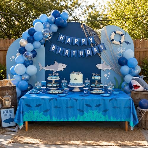 Image of Blue Orchards Shark Table Covers (Pack of 3) - 54 inch x 108 inch XL - Plastic Tablecloths for Birthday, Ocean Theme Decorations, Under the Sea Party Supplies, Sea Animal Party for Kids