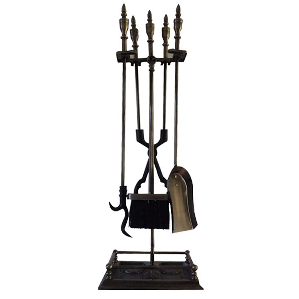 5-teiliges Kaminbesteck-Set mit goldenem Griff, großes Brennholz-Besteck-Set aus Schmiedeeisen für den Innen- und Außenbereich, inkl. Besen, Schaufel, Schürhaken, Zange, Feuerstellen-Zubehör
