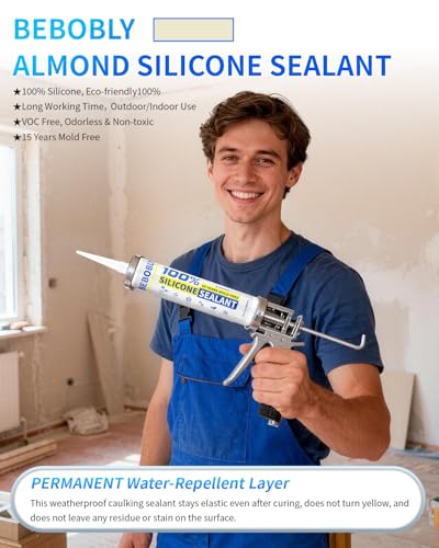 Image of Silicone Caulk & Sealant Almond, 100% Waterproof Silicone Sealant, Shrink & Crack Proof, Silicone Caulking for Kitchen, Bathroom, RV, Interior & Exterior Use, 10.2 FL. OZ /300ML, 1 Pack