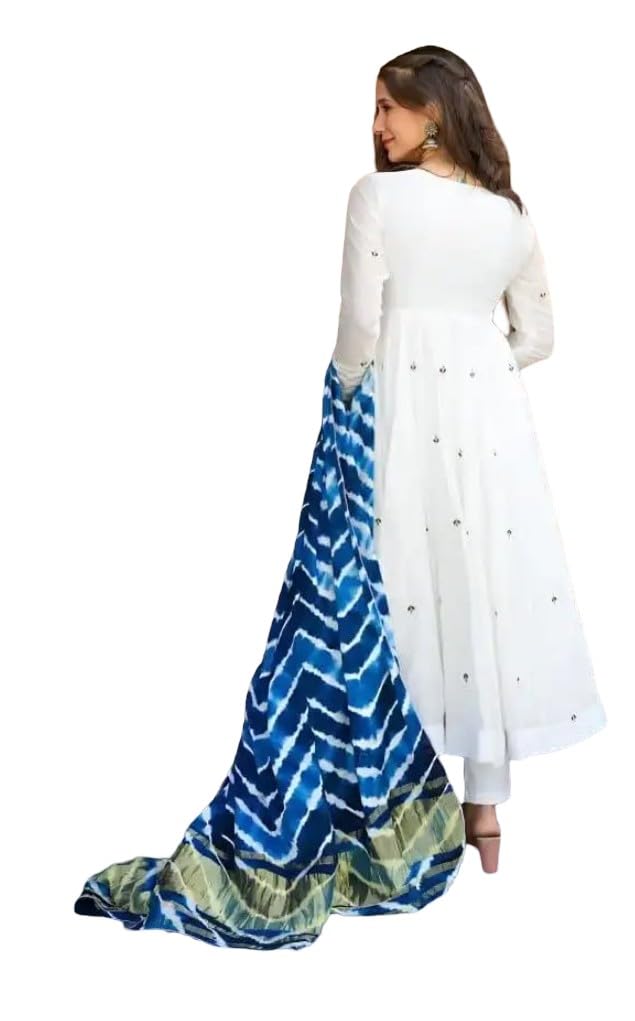 Beautiful Roman Silk Embroidery Work Gown Set with Pant & Digital Print Dupatta (Off White) (IN, Alpha, L, Regular)