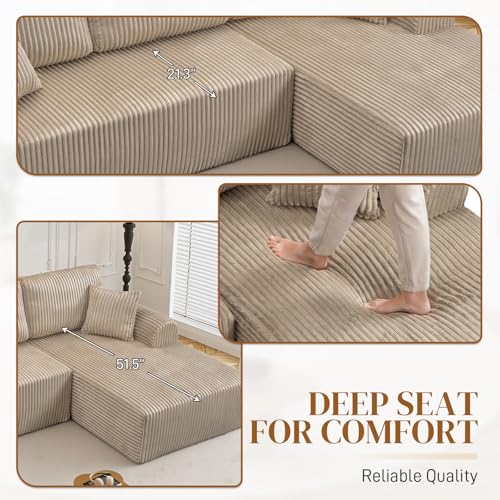 Image of 110 inch L Shaped Boneless Sectional Couches for Living Room, Comfy Corduroy Floor Cloud Sofa with Chaise, Wide Armrest, Deep Seat, Memory Foam, Assembly Free, Ideal for Small Spaces, Brown