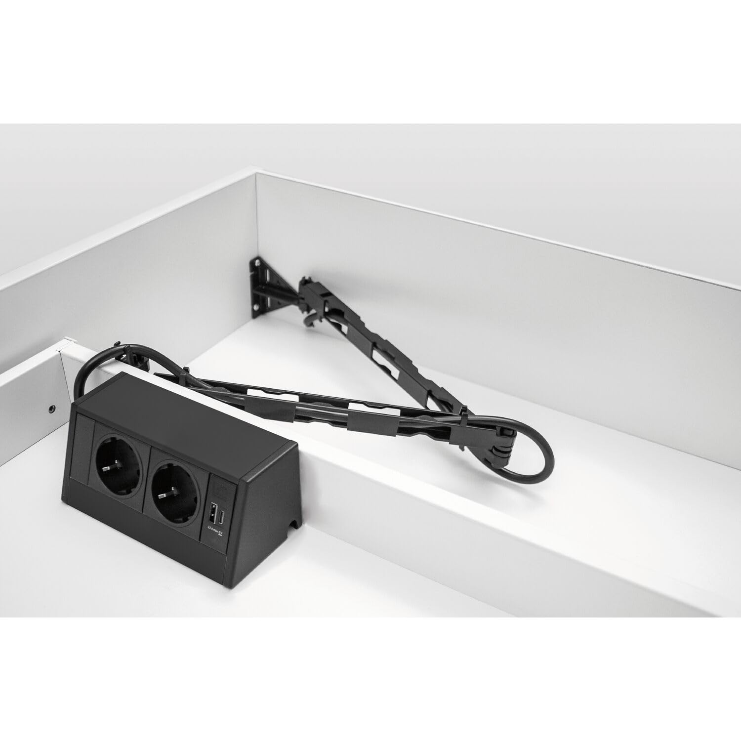 Evoline R-Dock - Enchufe para cajón con guía de cable Evoline Wing, 2 enchufes con USB A+C, color negro, 230 V