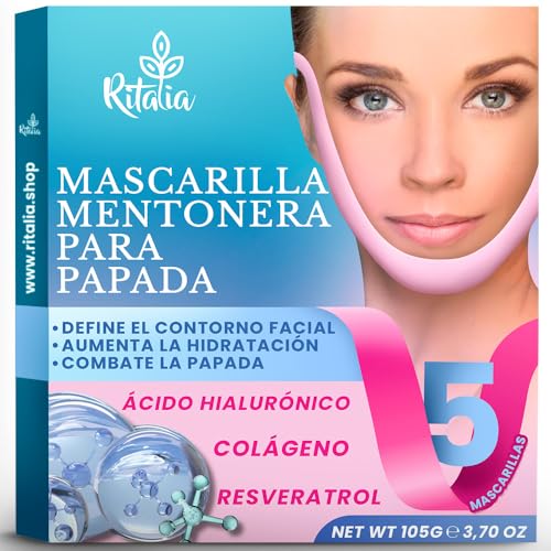 Ritalia® Mascarilla facial Reductor de Papada | Mentonera V Line Lifting mask | 5 Mascarillas Faciales Hidratantes con Colágeno | Chin Strap Antipapada | Jawline Mask Reafirmante Mujer