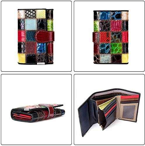 Aurexa Women's Genuine Leather Wallet Patent Leather Retro Vintage Patchwork Embossed Flower Floral Wristlet Clutch Bag (Short Trifold Patent Leather Square)2