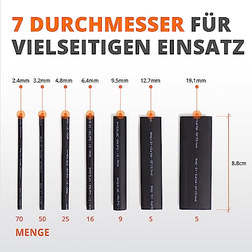 Wirefy Polymer Schrumpfschlauch Set (180 Stk) - Schrumpfschlauch mit Kleber wasserdicht - 3:1 Schrumpfschläuche - Heat Shrink Tube - Doppelwandig - Schwarz