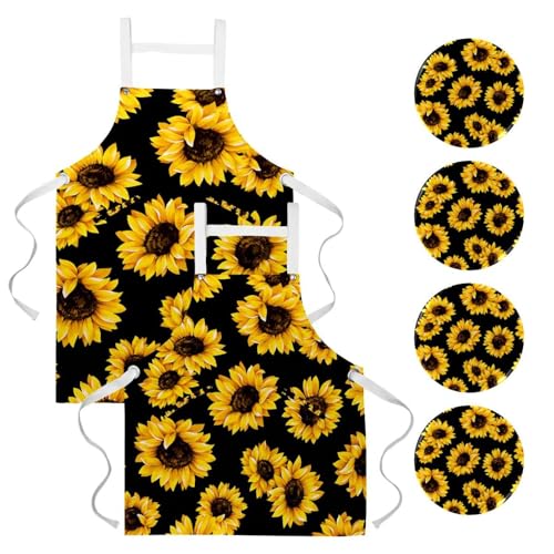 Lot de 2 tabliers de cuisine avec 4 broches incluses et motif floral tournesol jaune