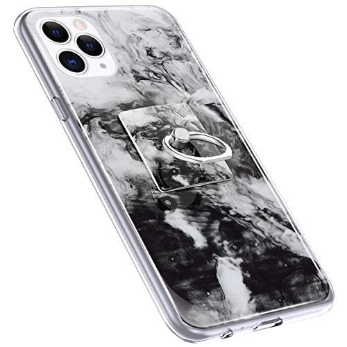 Urhause Cover Compatible with iPhone 11 Pro Max Case Sparkle Glitter Bling Marble Case TPU Silicone Ring Holder Cover 360 Degree Rotation Ring Holder Kickstand Shiny Bling Shockproof Cover Black & W