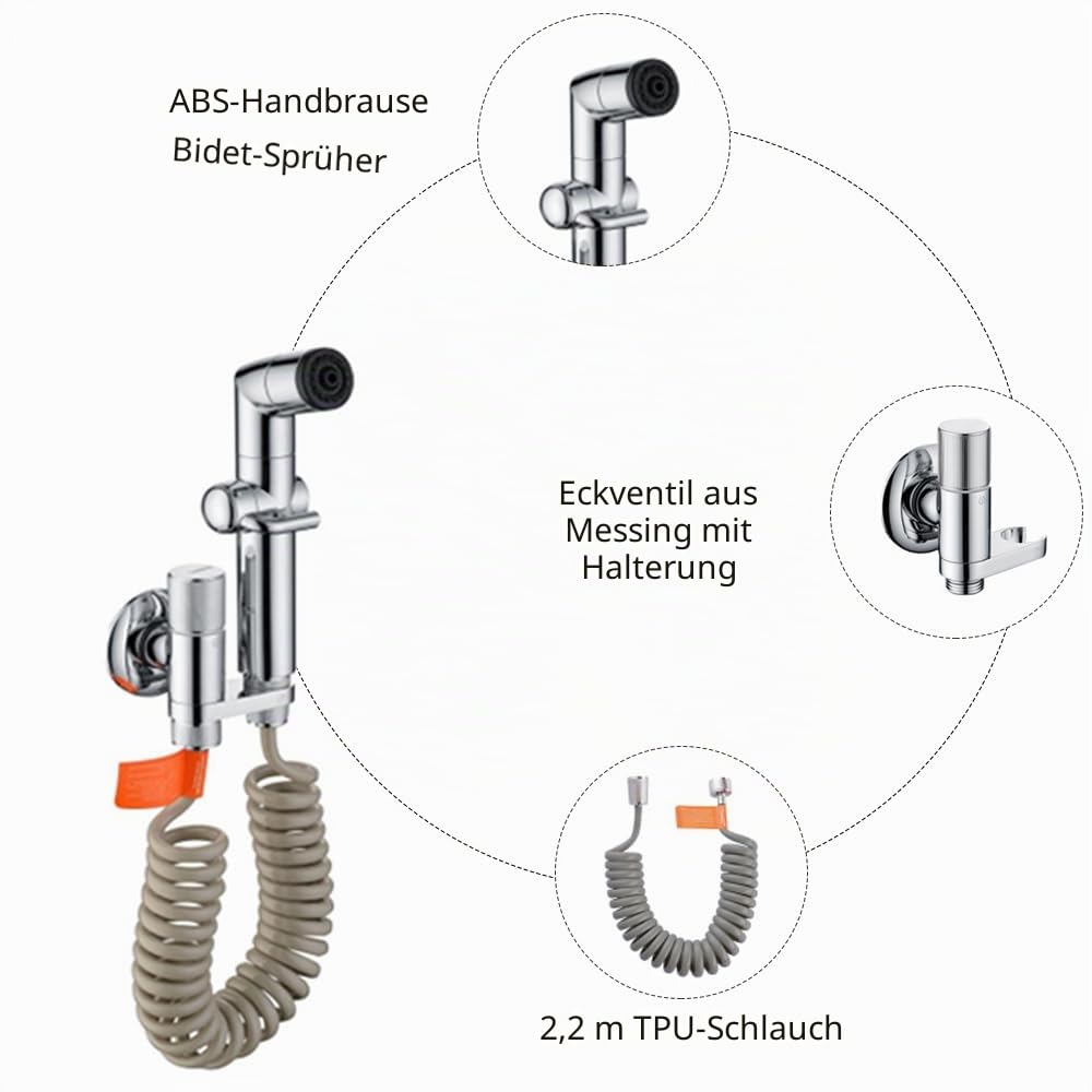 Bidet Handbrause Set für die Toilette, Bidet Handbrause mit Dual Modus, Bidet Handbrause Set- mit verchromtem ABS Shattaf Sprayer, Messing G1/2" Winkelventil und 2.2m TPU Schlauch