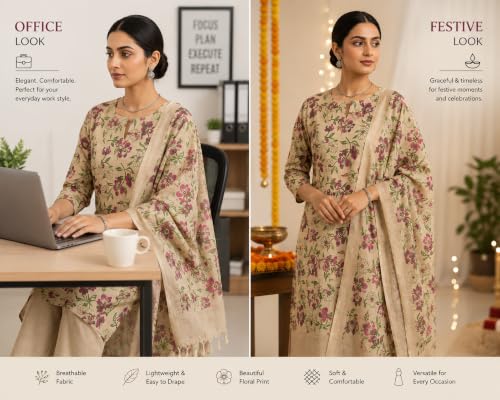 Image of HAIDER ALI Handloom Cotton Silk Screen Print Unstitched Suit Set for Women with Dupatta | Salwar Suit Dress Material for Women & Girls 01