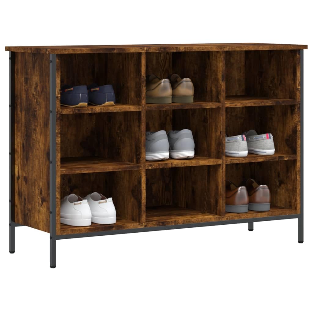 Schuhregal Räuchereiche Holzwerkstoff 100x35x70 cm mit pulverbeschichteten Stahlbeinen, 9 Fächer Schuhschrank platzsparend als Schuhablage und Schuhständer für Schuhaufbewahrung