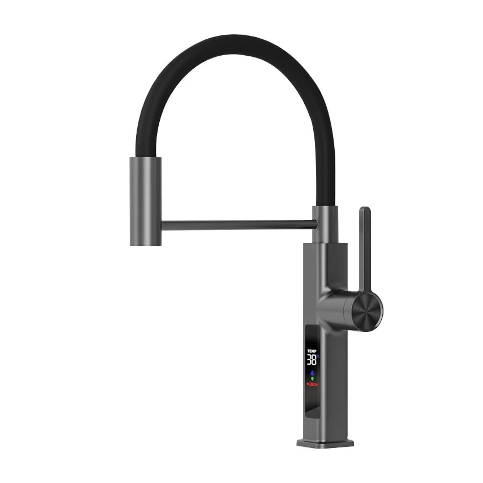 Brushed Brass Kitchen Faucet with LED Display, Pull Out Swivel Hot Cold Mixer Single Hole Tap,Safe and Reliable(Gun Gray)