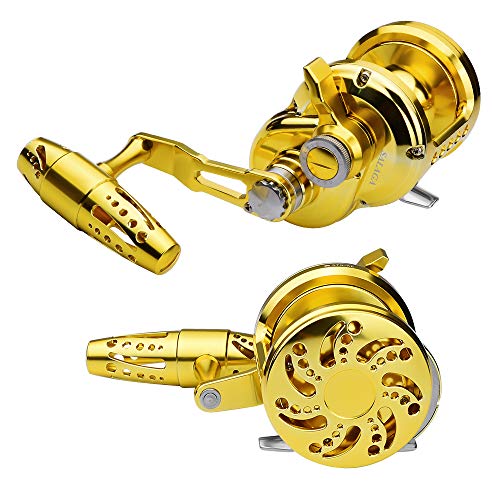 Proberos Fishing Conventional Jigging Reel Saltwater - Heavy Duty Deep Ocean Big Offshore Round Aluminum Trolling Reels 1Pc Gold Left Hand #TOP14