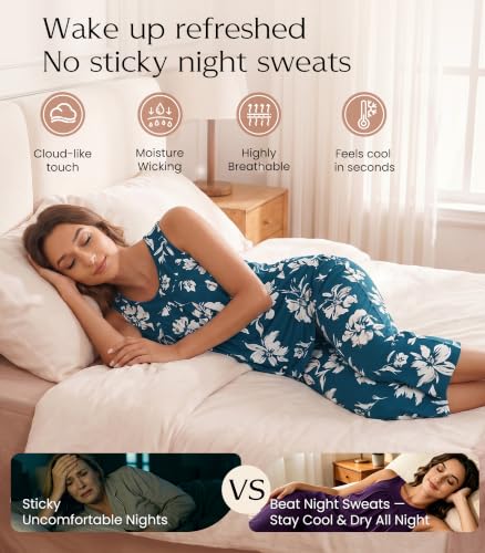 Image of NACHILA Pajamas for Women-Viscose Made from Bamboo, Sleeveless Pjs Tank Top Capri Pants Pajama Sets Cooling Sleepwear