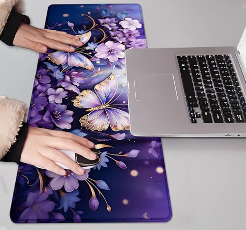 Image of IMAYONDIA Gold Butterfly Desk Pad, Purple Flowers Large Mousepad, Floral Desk Mat, Modern Beutiful Extended Mouse Pads for Laptop, Computer Pad for Women Girls Office, 31.5x11.8 in
