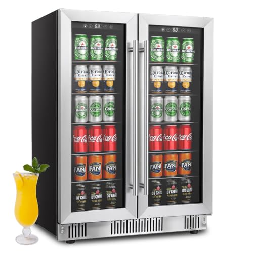Image of Erivess 5.4 Cubic Feet /176 Can Fridge, 24 inch Freestanding Beverage Refrigerator Dual Zone with Glass Front Door for Soda, Beer Under Counter Drink Refrigerator with Adjustable Shelves(Silver)