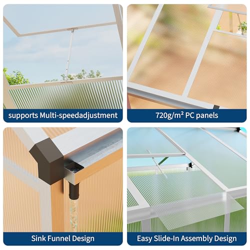 8x10 FT Greenhouse for Outdoors, Polycarbonate Greenhouse with Roof Vent, Ground Nails, Lockable Push Door, Aluminum Large Walk-in Green House for Outside Garden Backyard, Patio, Lawn, Silver