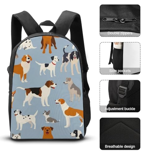 3PCS Backpacks Set, Large Capacity Travel Daypack 17 Inch Cute Different Dogs Insulated Lunch Bag Lightweight Compact Pencil Pen Case3