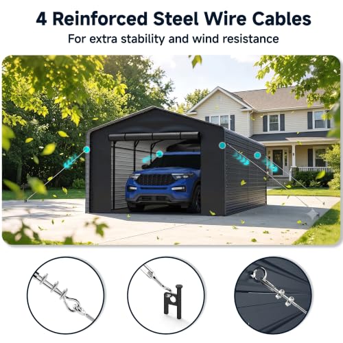 Image of Real Relax 12x20 FT Metal Carport with Side Panels & PE Sidewalls, Gray | Heavy Duty, Reinforced Bars, 2 Zipper Doors, Steel Wire Rope, Enclosed Car Ports for Cars and Boats, Tools
