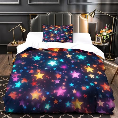 Juego de cama de estrellas 3D neón: funda nórdica 135x200 y fundas de almohada de microfibra 4