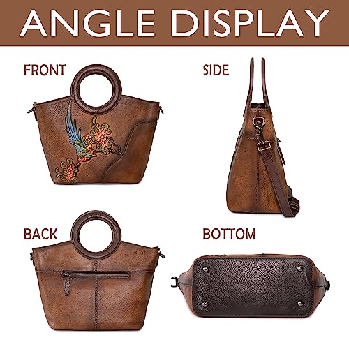Image of Genuine Leather Satchel for Women Top Handle Bags Handmade Purse Vintage Embossed Leather Crossbody Handbags Hobo Bag