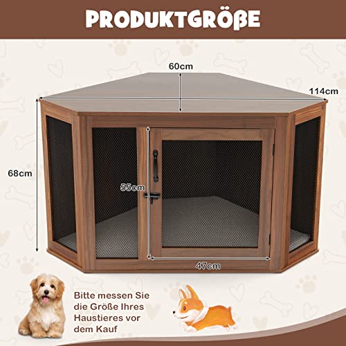 COSTWAY Hundehütte Eck, Hundebox mit Tür & Kissen, Haustierkiste Möbelstil für kleine Hunde Katze Haustier, Tierkäfig Hundekäfig Hundehaus Haustierhaus Zuhause Innen, Braun, 114 x 60 x 68 cm