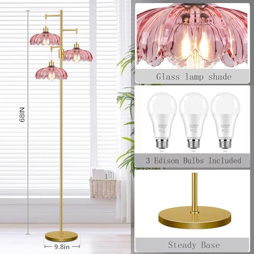 Image of ZECOXOL Gold Floor Lamps for Living Room-3 Light Dimmable Floor Lamp with Three Bulbs & Glass Lampshape, Mid Century Modern Standing Lamp Tree Tall Flower Floor Lamp for Bedroom Living Room,Corner