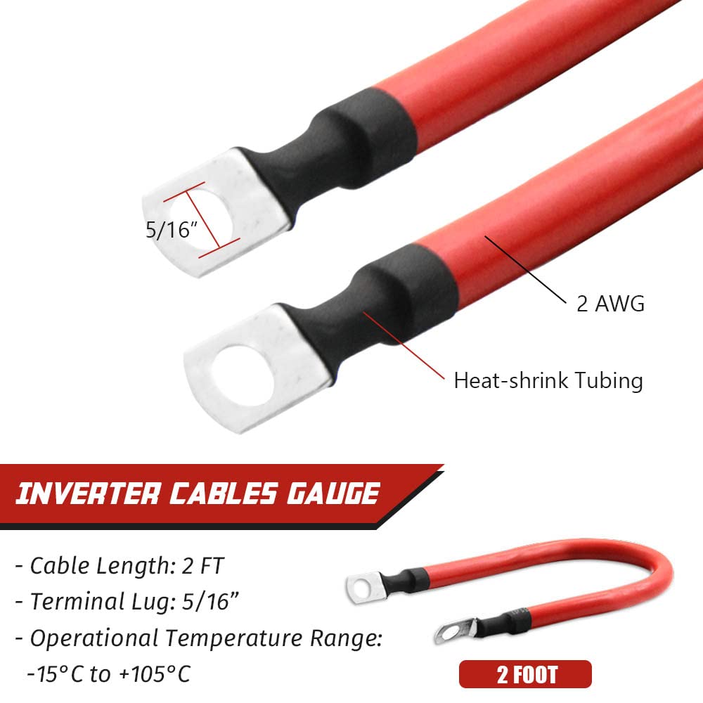 Cables inversores de batería de cobre puro rojo y negro de 2 AWG 2 AWG Solar, RV, coche, barco 2 pies 5/16 terminales (2 unidades)